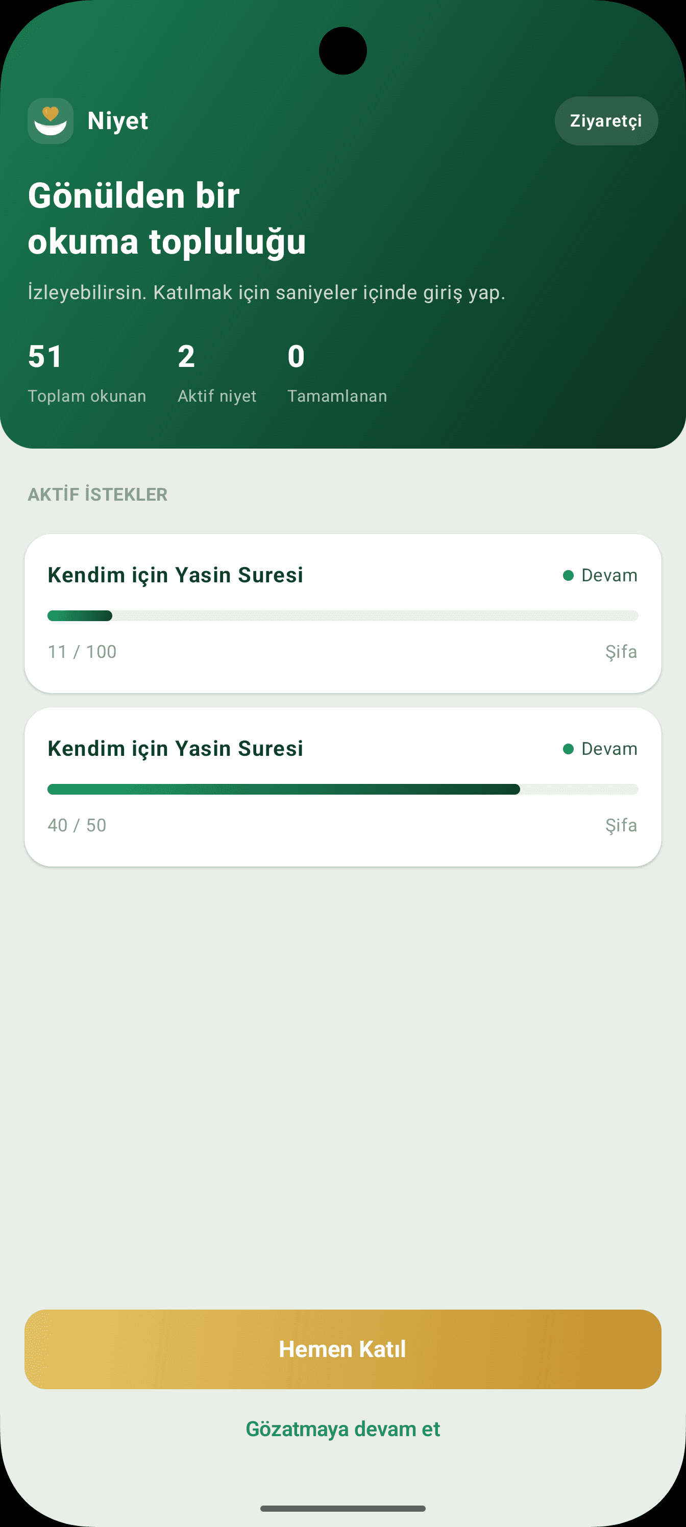 Niyet Pro okuma topluluğu ana ekranı